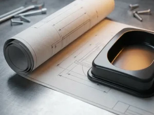 CAD-Zeichnung auf Mattepapier neben frisch geformtem Kunststoff-Spritzgussteil auf Stahloberfläche.