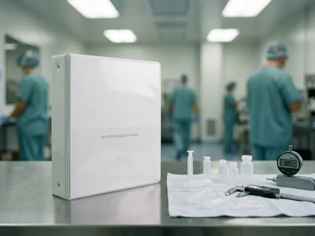Sterile Kunststoff-Spritzgussteile für Medizinprodukte auf Edelstahlfläche im Reinraum mit Kalibrierungslehre.