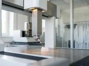 Koordinatenmessmaschine tastet transparentes Medizinkunststoffteil auf Granitmesstisch ab, Nahaufnahme der Messnadel in ISO-zertifiziertem Labor.