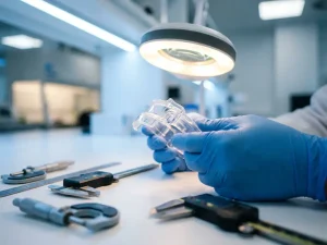 Medizinisches Kunststoff-Prototyp-Bauteil in behandschuhten Händen unter Prüflicht, umgeben von Präzisionsmessgeräten im Labor.