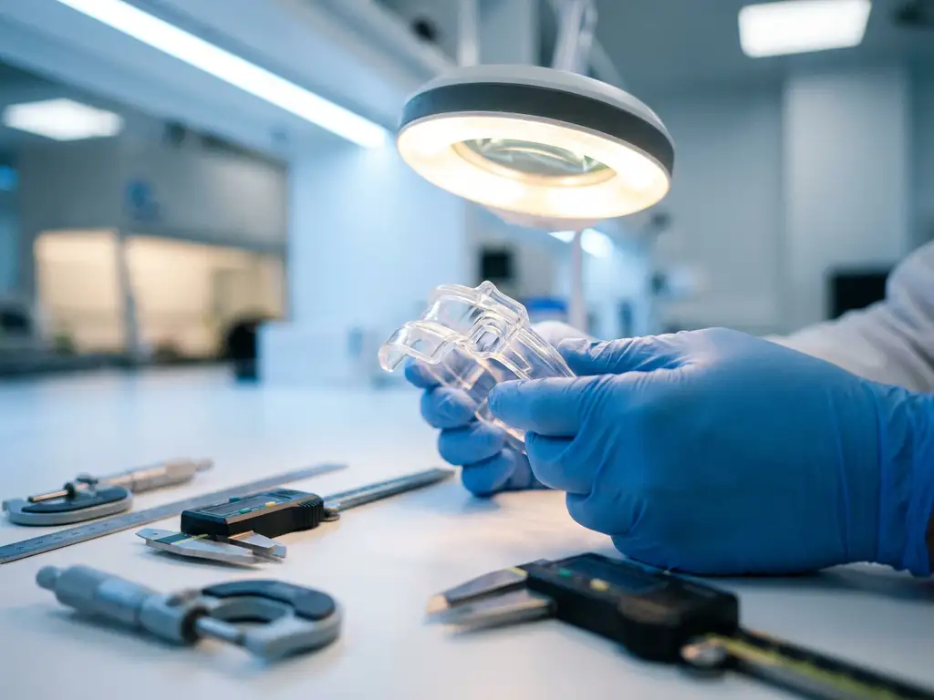 Medizinisches Kunststoff-Prototyp-Bauteil in behandschuhten Händen unter Prüflicht, umgeben von Präzisionsmessgeräten im Labor.