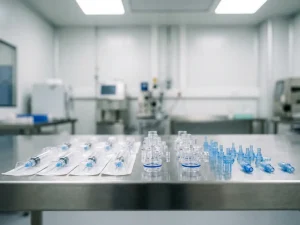 Präzise Medizinkunststoffteile – Spritzen, transparente Gehäuse und Mikroverschraubungen – auf steriler Edelstahloberfläche im Reinraum.