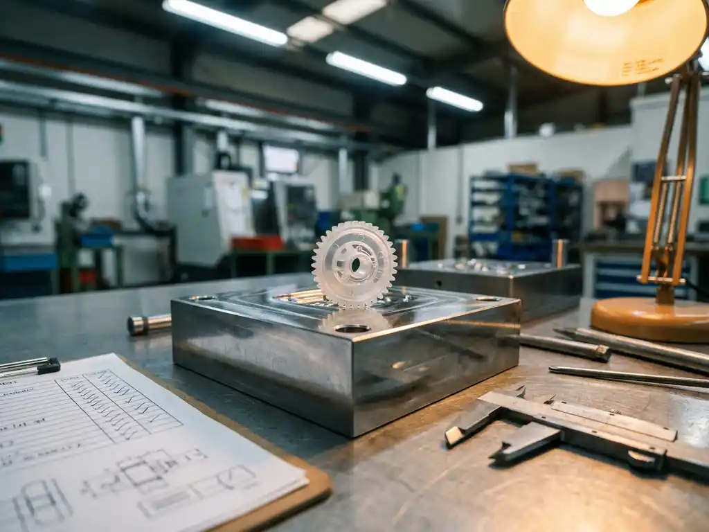 Hochpräzises Kunststoffbauteil auf poliertem Stahlwerkzeug mit Messschiebern und Qualitätsprüfbogen in industrieller Fertigungsumgebung.