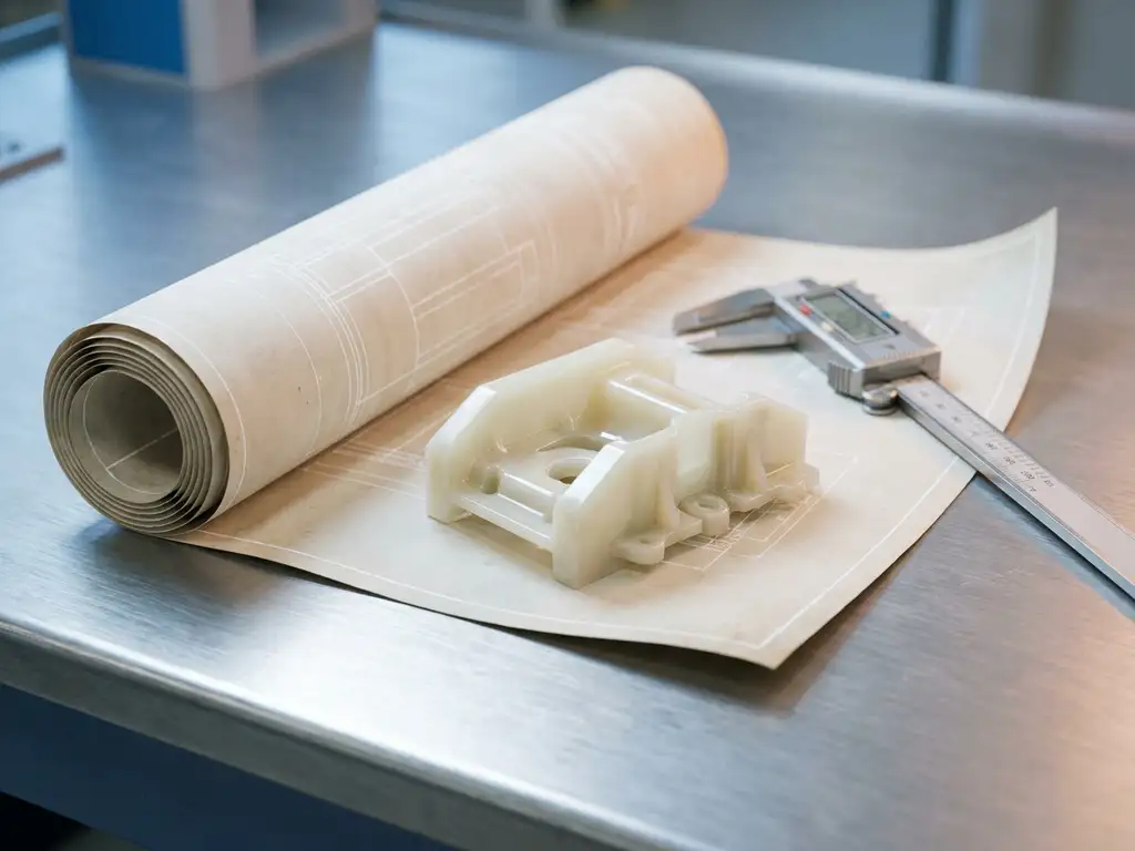 Technische Zeichnung auf Stahloberfläche mit Spritzgussteil und Messschieber in industrieller Arbeitsumgebung.