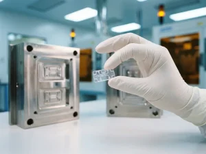 Weiß behandschuhte Hand hält transparentes medizinisches Mikrokunststoffteil, umgeben von Edelstahl-Spritzgussformen im Reinraum.