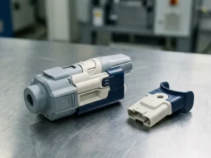 Präzisions-Medizingerät aus Kunststoff neben einzelner Spritzgusskomponente auf Stahloberfläche, scharfe Detailaufnahme mit weicher Studiobeleuchtung.