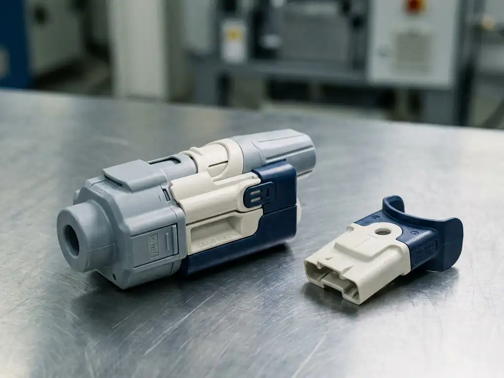 Präzisions-Medizingerät aus Kunststoff neben einzelner Spritzgusskomponente auf Stahloberfläche, scharfe Detailaufnahme mit weicher Studiobeleuchtung.