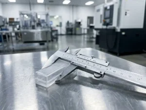 Präzisionsmikrometer misst transparentes Kunststoffbauteil auf polierter Edelstahl-Prüffläche im Labor.