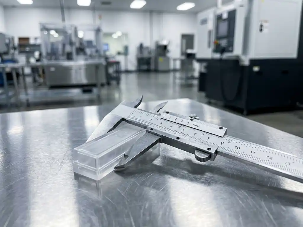 Präzisionsmikrometer misst transparentes Kunststoffbauteil auf polierter Edelstahl-Prüffläche im Labor.