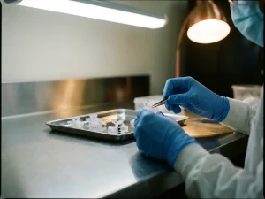 Behandschuhte Hände montieren Kunststoffbauteile auf einem Edelstahl-Werktisch, fertige Baugruppen in einem Tablett daneben.