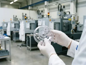 Präzises Kunststoff-Spritzgussteil in behandschuhten Händen, im Hintergrund Spritzgussmaschinen einer deutschen Produktionshalle.