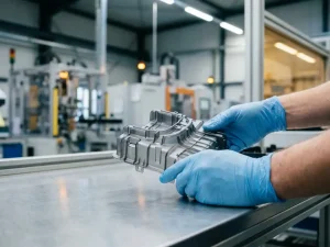 Präzisions-Kunststoffbauteil in behandschuhten Händen auf Industriearbeitsplatz, moderner Maschinenpark im Hintergrund.