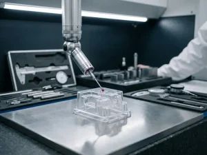 Präzisionsmessgerät prüft transparentes Kunststoff-Spritzgussteil auf polierter Stahloberfläche im Qualitätslabor.