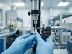 Weiße Kunststoff-Spritzgusskomponente für Medizintechnik wird mit digitalem Mikrometer in ISO-zertifiziertem Labor präzise vermessen.