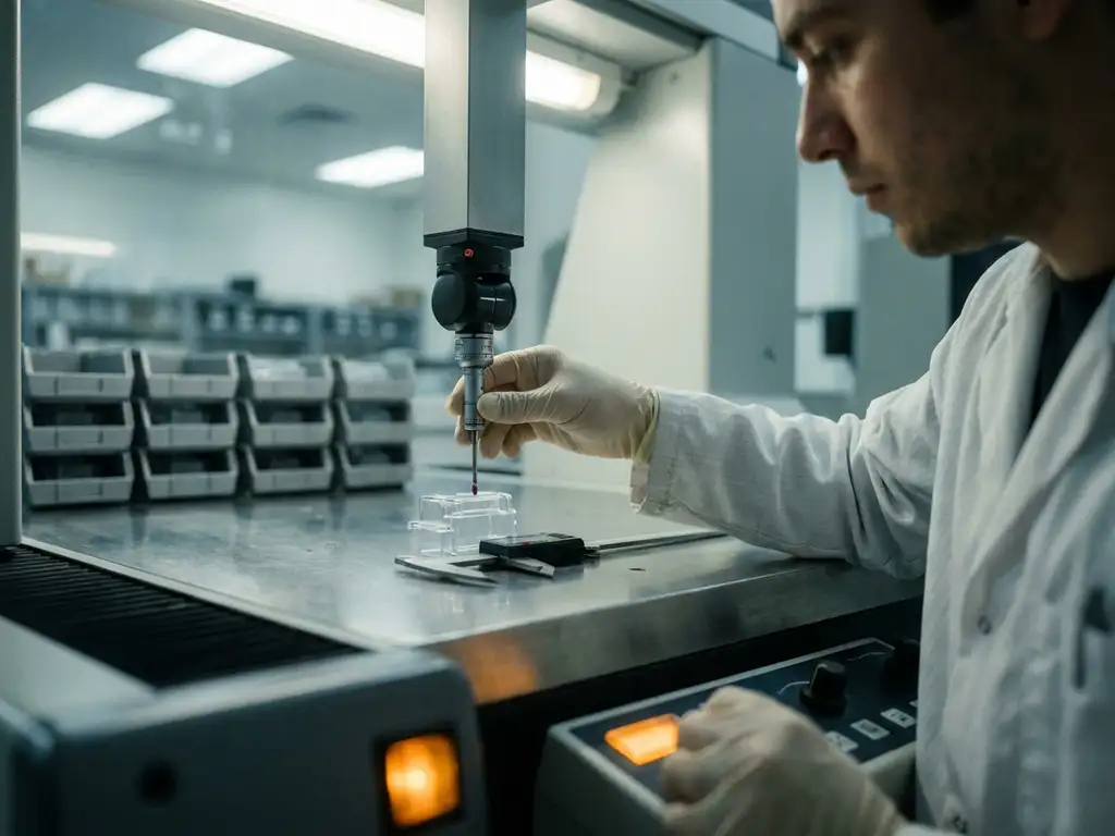 Qualitätstechniker im Laborkittel prüft transparentes Kunststoffbauteil mit Koordinatenmessmaschine und Messschieber im Labor.