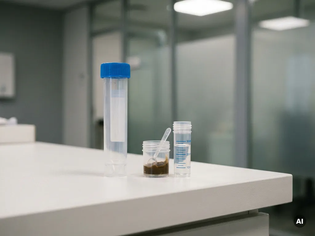 Medizinisches Probenröhrchen mit Stuhlprobe und Pufferlösung auf weißer Laborfläche, klinische Umgebung.